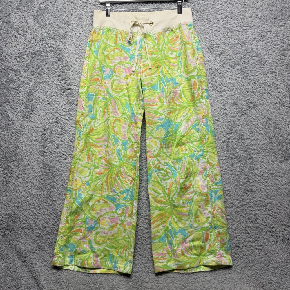 Lily Pulitzer Wide Leg Linen The Beach Pant Green Blue Pink Elephant Ears Small